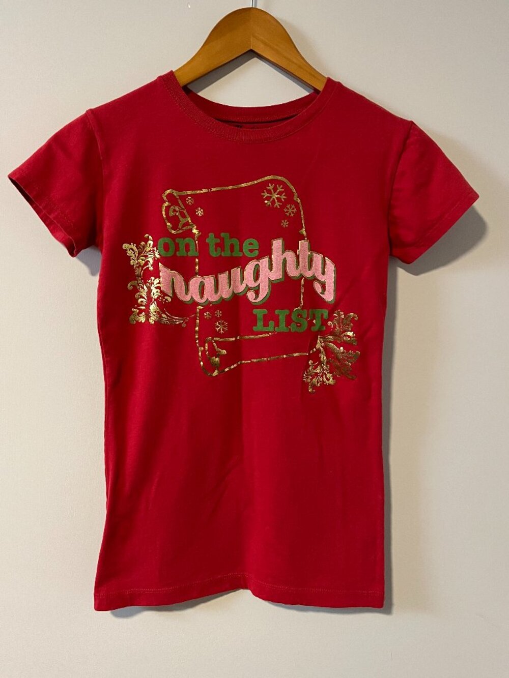 On the Naughty List Christmas T-Shirt L.O.L. Vintage Cranberry Red 100% Cotton